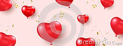 Heart balloon with gold confetti long banner. Happy Valentine`s Day holiday card. Realistic red balloons shape heart Vector Illustration