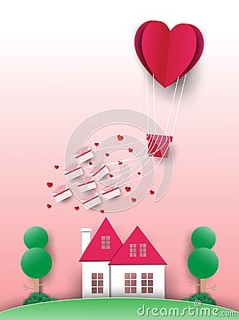 Heart balloon with a love letter and pink background and a house with a tree on Valentine`s Day Stock Photo