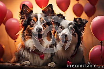 Heart balloon unites Border Collies, encapsulating their affectionate bond Stock Photo