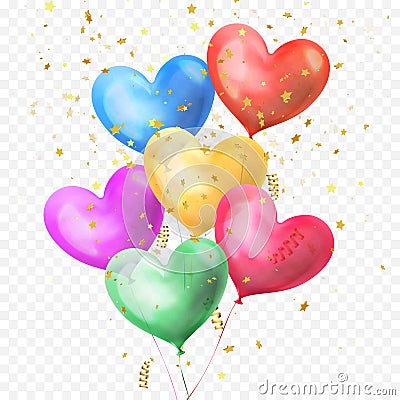 Heart balloons bunch and golden glitter stars confetti isolated on transparent background for Birthday party, Valentines Day or we Vector Illustration