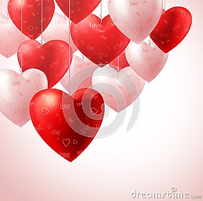 Heart Balloons Hanging for Valentines Background and Greetings Card Vector Illustration