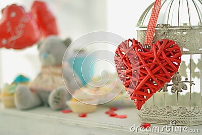 Heart and the bird cage. Vintage background. Love romance concept. Editorial Stock Photo