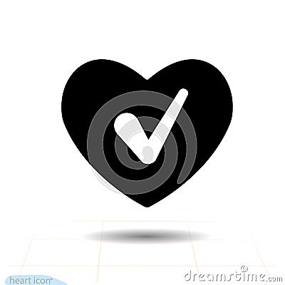 Heart black icon, Love symbol. Check mark in heart. Valentines day sign, emblem, Flat style for graphic and web design, log Vector Illustration