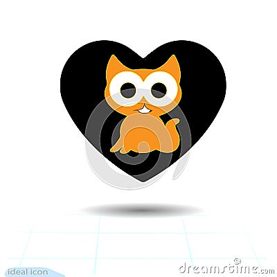 Heart black icon, Love symbol. Cute kitty in heart. Valentines day sign, emblem, Flat style for web design, logo Vector Illustration