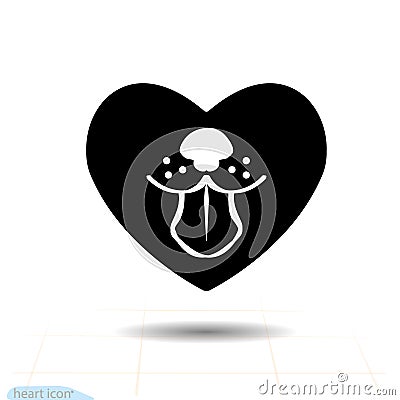 Heart black icon, Love symbol. Dog tongue in heart. Valentines day sign, emblem, Flat style for graphic and web design, log Vector Illustration