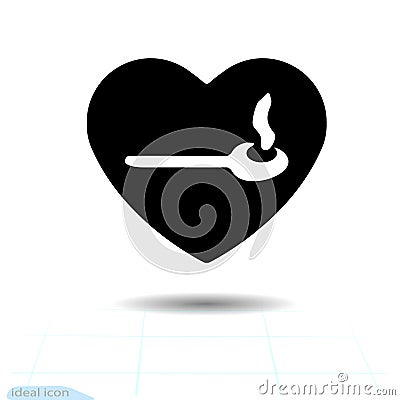 Heart black icon, Love symbol. A spoon of hot food ans steam in heart. Valentines day sign, emblem, Flat style for web logo Vector Illustration