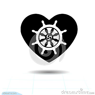 Heart black icon. Silhouette Dharmachakra in heart. Valentines day sign, emblem, Flat style for graphic web design, logo. D Vector Illustration