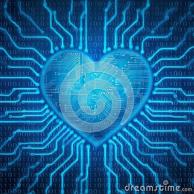Heart with blue circuitry patterns, binary code backdrop, symbolizing digital life Stock Photo
