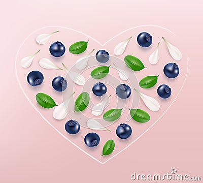 Heart from blueberries, leaves and petals on pink background. Top view. Valentine`s background. Vector Illustration