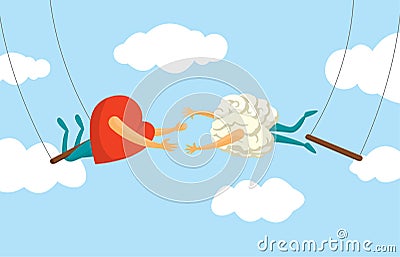 Heart and brain risky collaboration on flying trapeze Vector Illustration