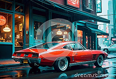 A red coloured vintage car in a futuristic city Stock Photo