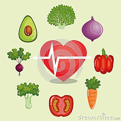 Heart cardio with healthy food Vector Illustration