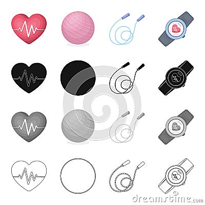 Heart with a cardiogram, ball, a training rope, a pulse watch. Training and a gym set collection icons in cartoon black Vector Illustration