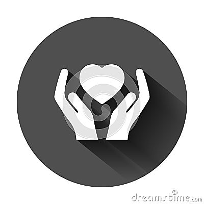 Heart care icon in flat style. Charity vector illustration on black round background with long shadow. Love in hand business Vector Illustration