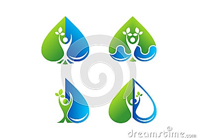 wellness, logo, Heart, water drop, care, beauty, spa, health, plant, love, healthy people symbol icon design Vector Illustration