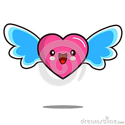 Heart cartoon character icon kawaii with wings Flat design Vector Vector Illustration