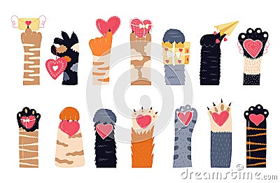 Heart and cats paw vector set. Pet feet in hand drawn style. Legs of domestic animals Vector Illustration