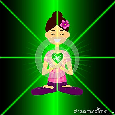 Heart chakra activation concept. Cartoon characte smiling woman is sitting in lotus pose with namaste hands. Vector Illustration