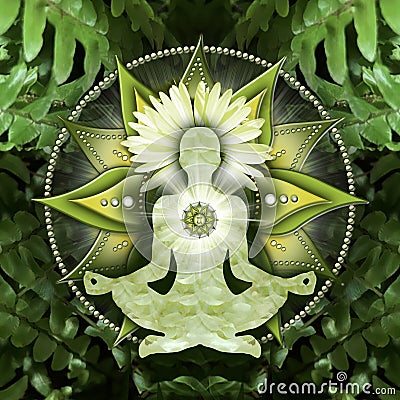 Heart chakra meditation in yoga lotus pose, in front of anahata chakra symbol and calming, green ferns. Stock Photo