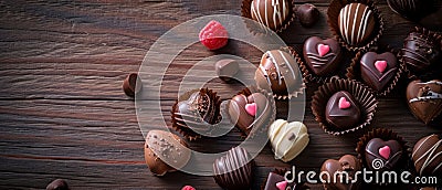 Heart chocolate pralines elegantly placed on a dark brown wooden table, Ai Generated Stock Photo