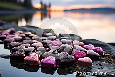 Heart chocolates in a peaceful lakeside setting, valentine, dating and love proposal image Stock Photo