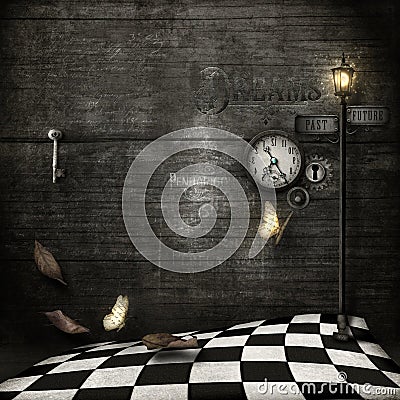 grungy background with chequered floor, backwards clock & lamppost Stock Photo