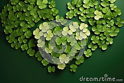 Heart of clover leaves on green background. St.Patrick's Day, Happy st patricks day decoration concept made from Stock Photo