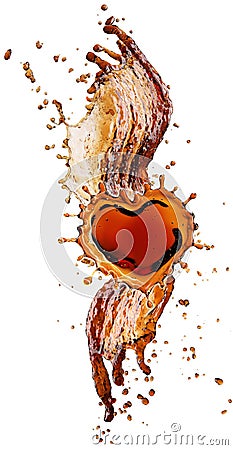 Heart from cola splash with bubbles isolated on white Stock Photo