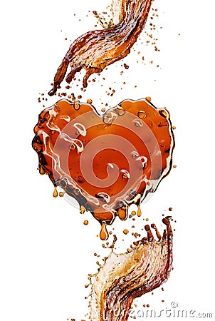 Heart from cola splash with bubbles isolated on white Stock Photo