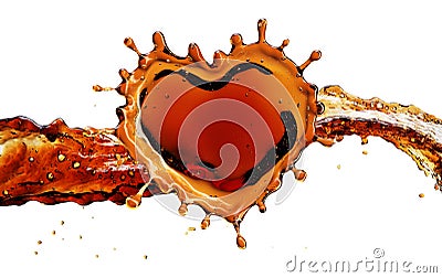 Heart from cola splash with bubbles isolated on white Stock Photo