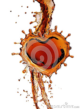 Heart from cola splash with bubbles isolated on white Stock Photo