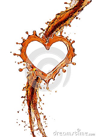 Heart from cola splash with bubbles isolated on white Stock Photo