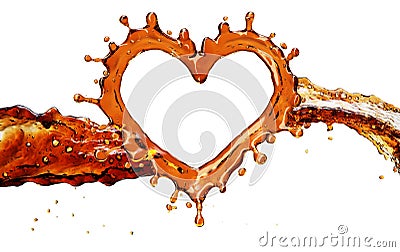 Heart from cola splash with bubbles isolated on white Stock Photo