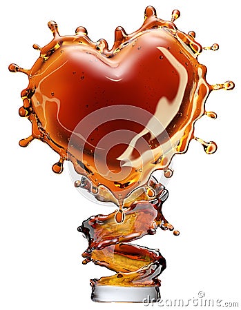 Heart from cola splash with bubbles isolated on white Stock Photo