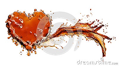 Heart from cola splash with bubbles isolated on white Stock Photo