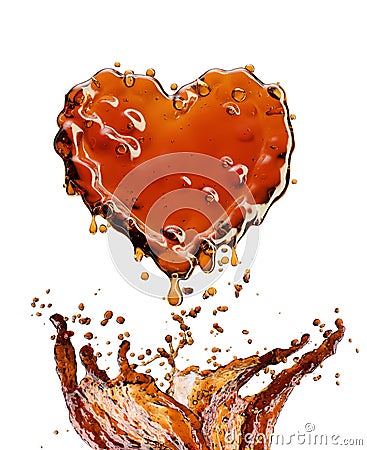 Heart from cola splash with bubbles isolated on white Stock Photo