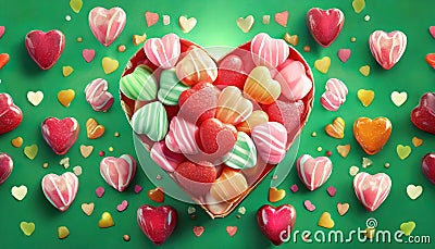 heart colored candies on green background Stock Photo