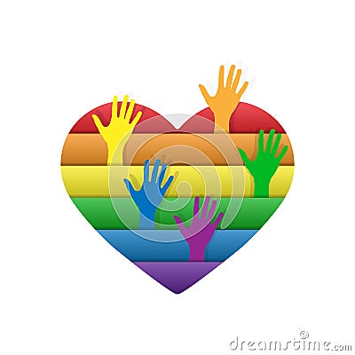 Heart in colors of LGBT people with their hands up Vector Illustration