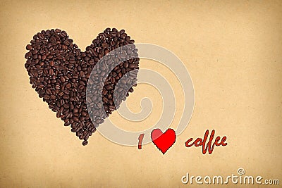 Heart composed of coffee beans. Inscription I love coffee. Concept of coffee in retro style. Stock Photo