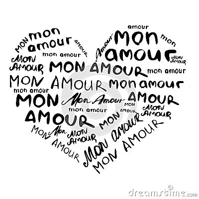 Heart composed of inscriptions in French `mon amour` in the style of craft. Hand painted. Vector Illustration