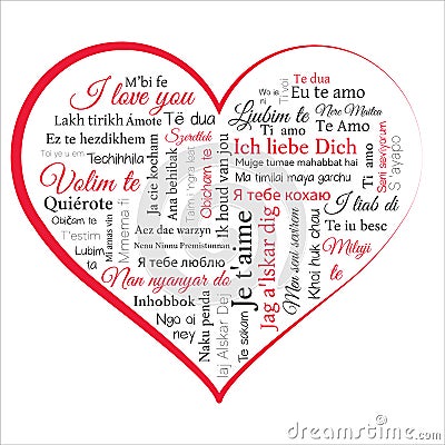 Heart contains phrase I love you in many languages. Word cloud Vector Illustration