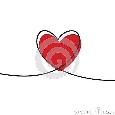 Heart in continuous drawing lines and glitch red heart in a flat style in continuous drawing lines. Continuous black Vector Illustration