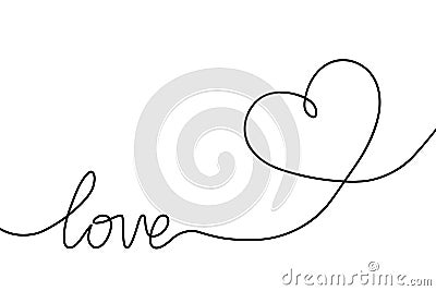 Heart continuous line drawing. Single hand drawn contour heart with word love for romance design, wedding celebration. Shape one h Vector Illustration