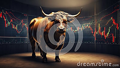 Financial charts and reports behind a big strong bull. Stock Photo