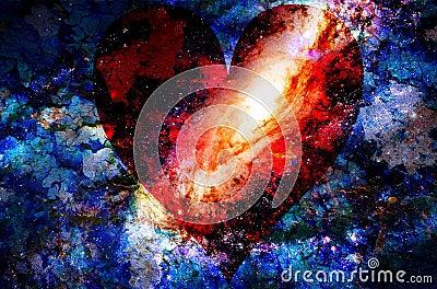 Heart in cosmic space, color cosmic abstract background. crackle effect. Stock Photo