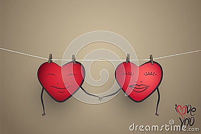 Heart couple hanging on a clothesline holding each other hands Vector Illustration