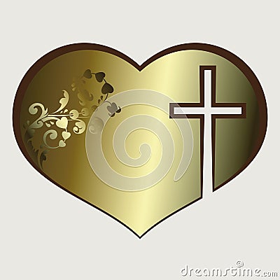 Heart with cross gold tone Vector Illustration