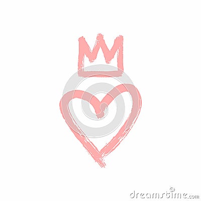 Heart and crown drawn by hand with a rough brush. Sketch, grunge, watercolor, paint, graffiti. Vector Illustration