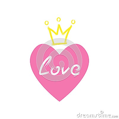 Heart with crown and love text drawn by hand with watercolor brush. Sketch, grunge, paint. Vector Illustration