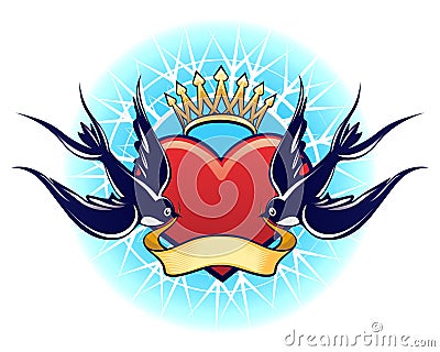 Heart Crown with Swallows colorful Tattoo Cartoon Illustration